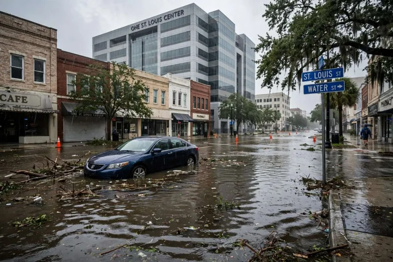 Illustration for the news story: Tropical Storm Cristobal Floods Downtown Mobile Streets, Stranding Drivers