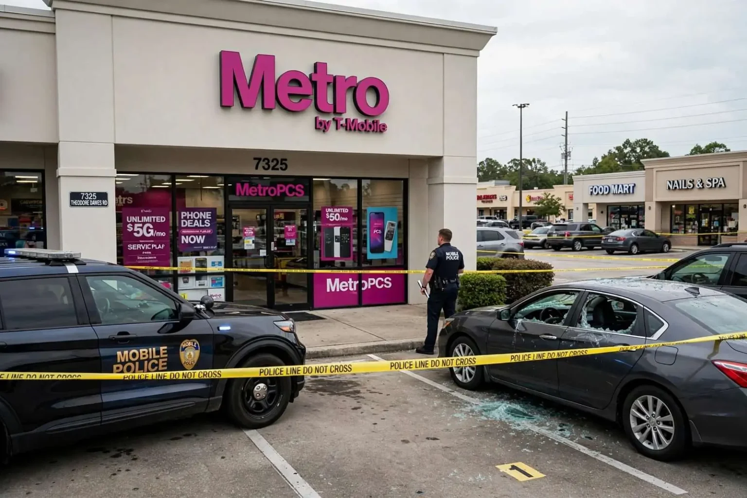 Illustration for the news story: Woman Shot in the Neck During Altercation at Theodore Metro PCS Store
