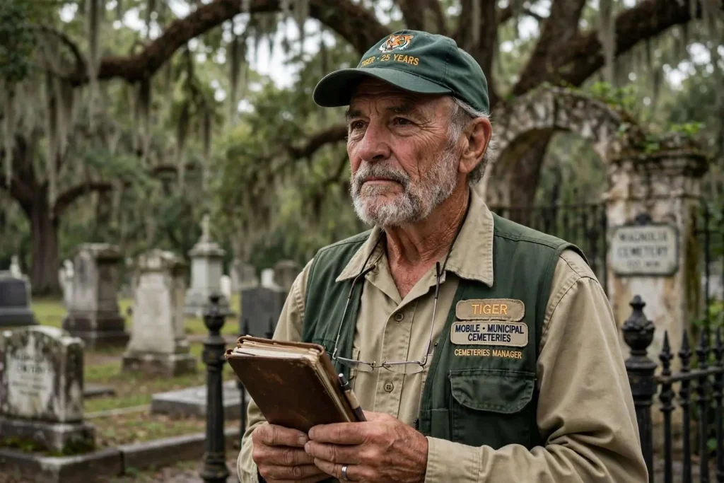 Illustration for the news story: After 25 Years, Mobile’s Longtime Cemetery Manager “Tiger” Marston Retires