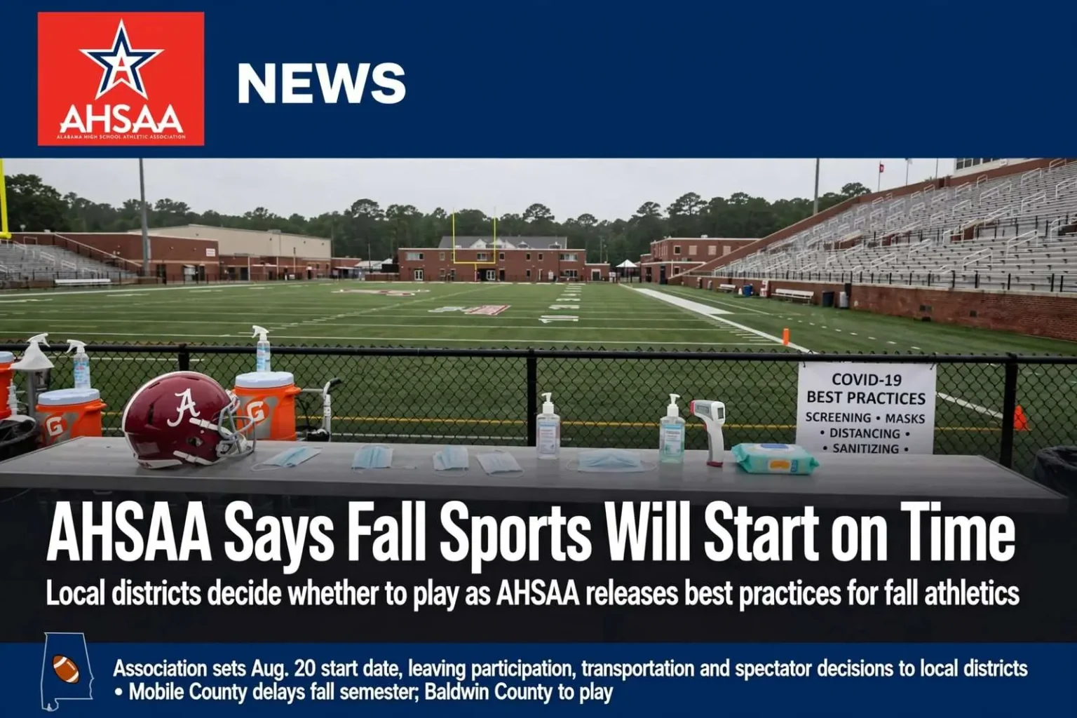 Illustration for the news story: AHSAA says fall sports will start on time; local districts decide whether to play