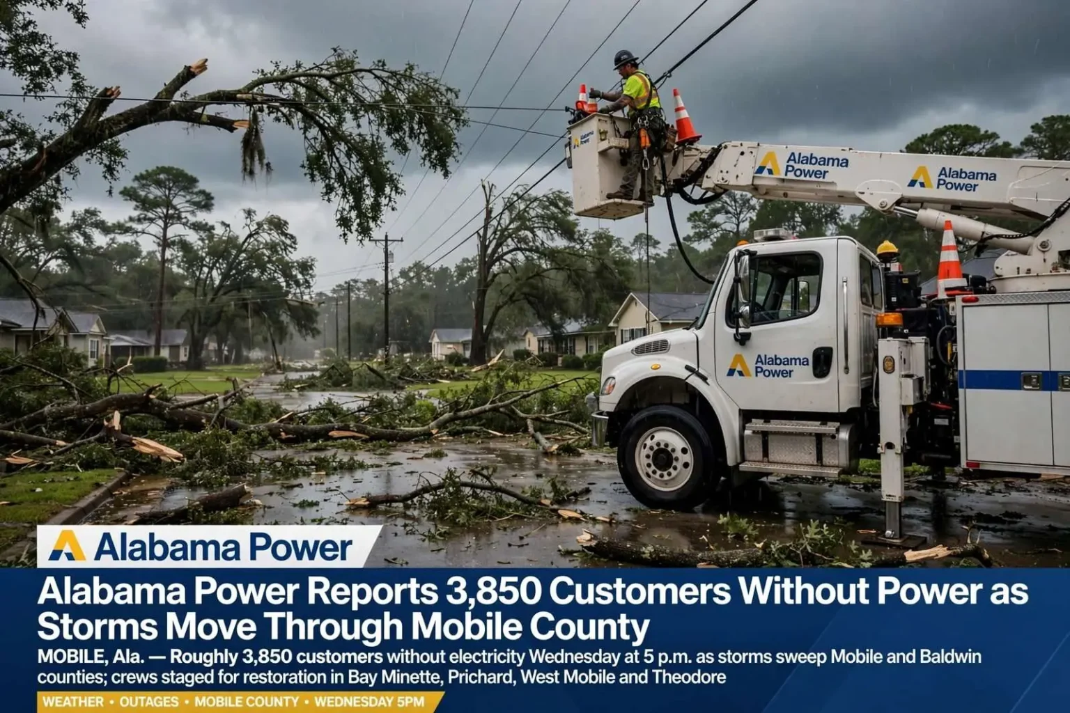 Illustration for the news story: Alabama Power Reports 3,850 Customers Without Power as Storms Move Through Mobile County
