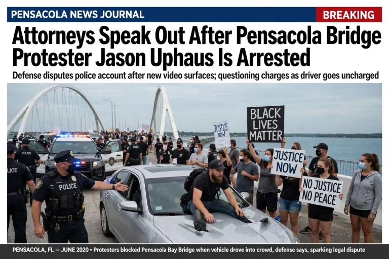 Illustration for the news story: Attorneys Speak Out After Pensacola Bridge Protester Jason Uphaus Is Arrested
