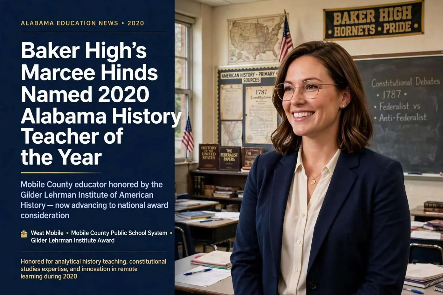 Illustration for the news story: Baker High’s Marcee Hinds Named 2020 Alabama History Teacher of the Year