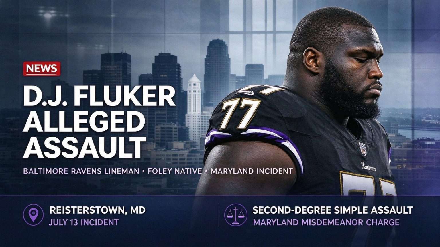 Illustration for the news story: Baltimore Ravens lineman D.J. Fluker, a Foley native, was victim of alleged assault in Maryland