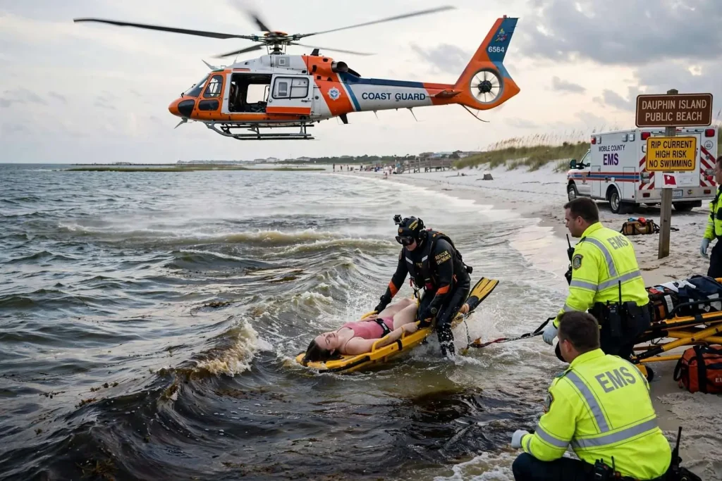 Illustration for the news story: Coast Guard Helicopter Rescue Swimmer Pulls Unconscious Woman From Rip Current Off Dauphin Island