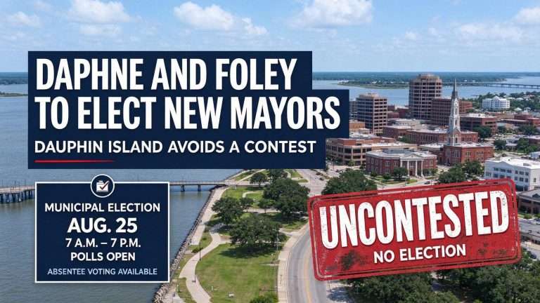 Illustration for the news story: Daphne and Foley to elect new mayors; Dauphin Island avoids a contest