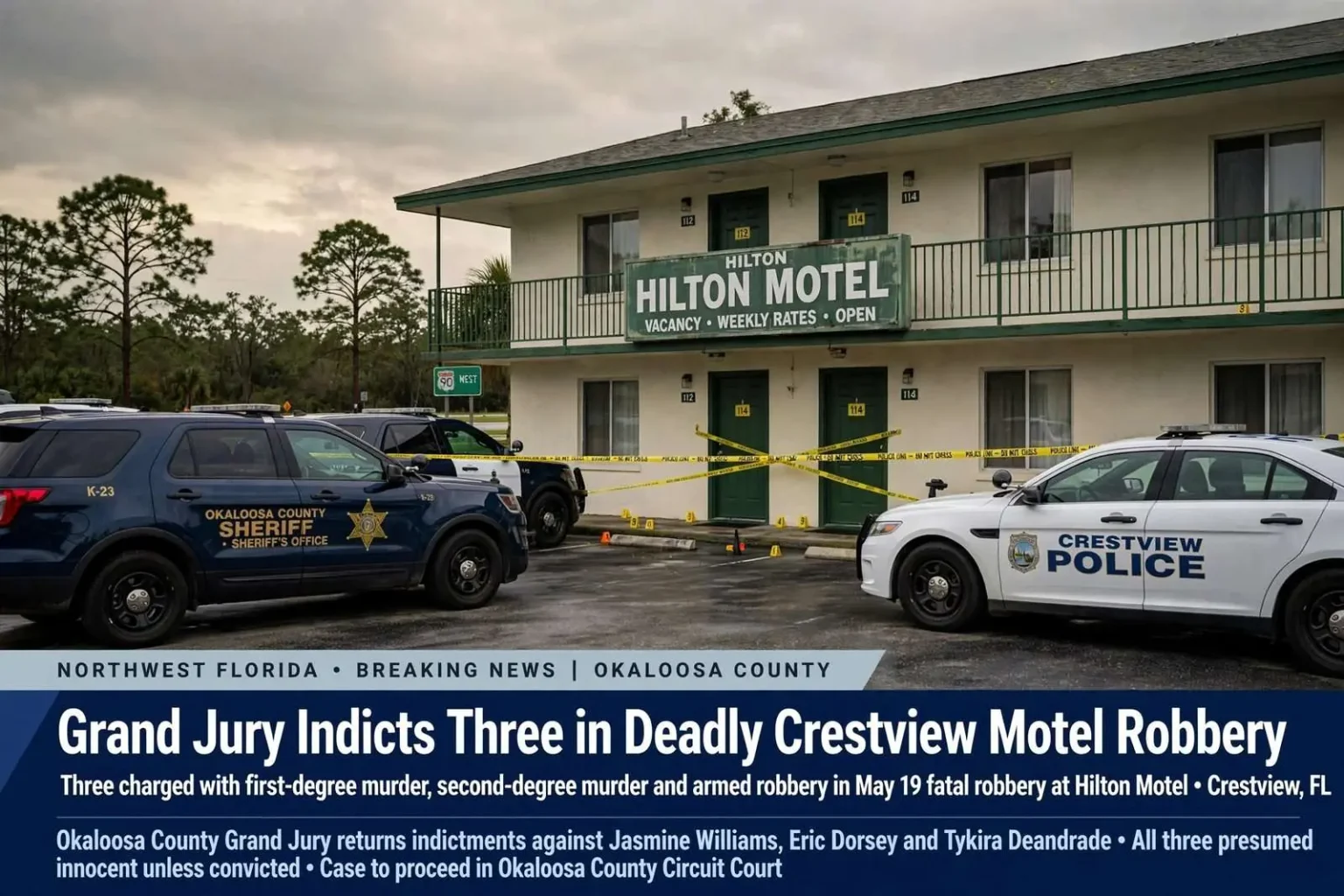 Illustration for the news story: Grand Jury Indicts Three in Deadly Crestview Motel Robbery