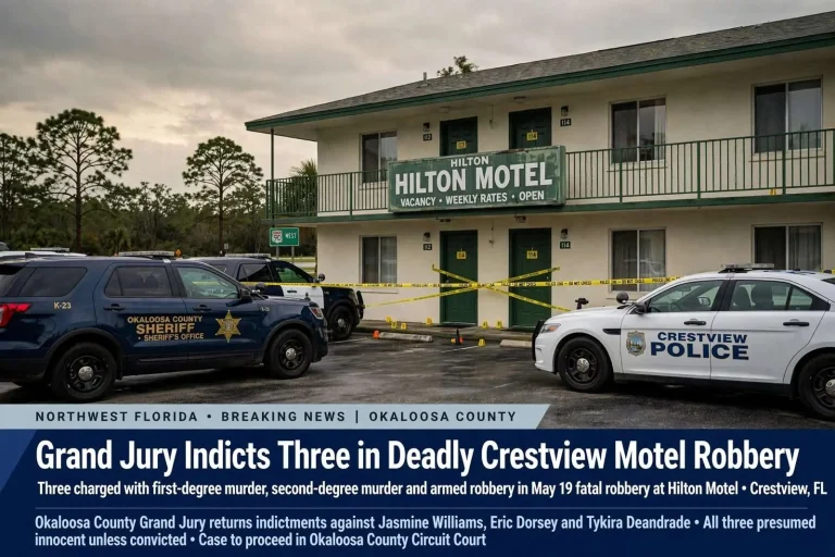 Illustration for the news story: Grand Jury Indicts Three in Deadly Crestview Motel Robbery