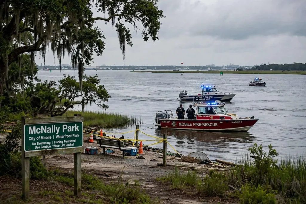 Illustration for the news story: Man Dies After Going Underwater While Retrieving Lost Net in Mobile Bay Near McNally Park