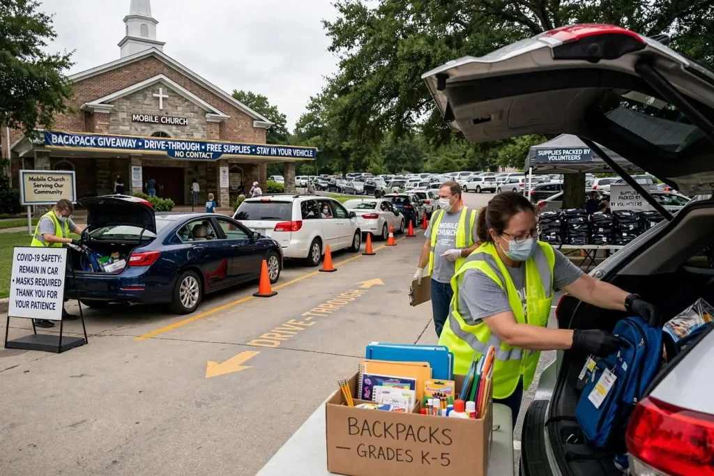 Illustration for the news story: Mobile Church Adapts Annual Backpack Giveaway to Drive-Through Format During Pandemic