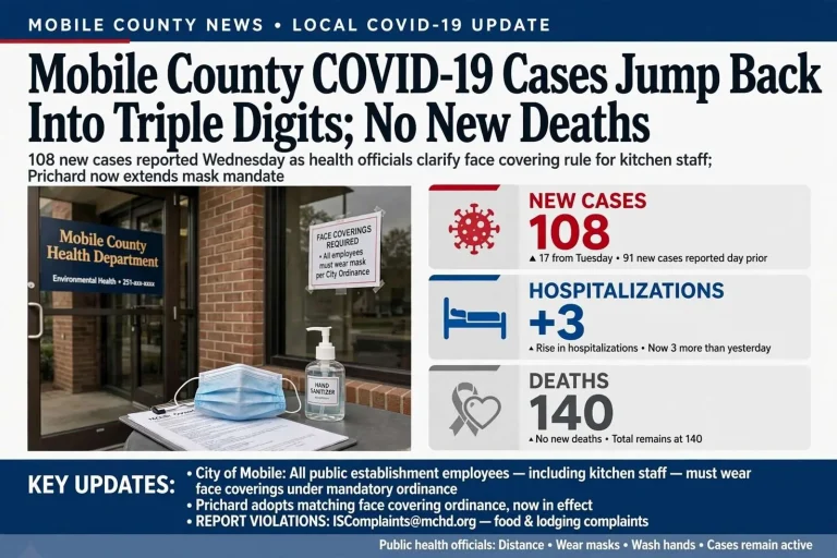 Illustration for the news story: Mobile County COVID-19 Cases Jump Back Into Triple Digits; No New Deaths