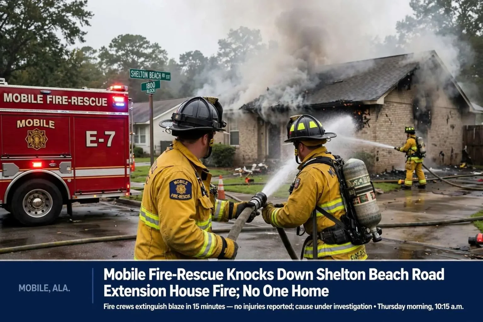 Illustration for the news story: Mobile Fire-Rescue Knocks Down Shelton Beach Road Extension House Fire; No One Home