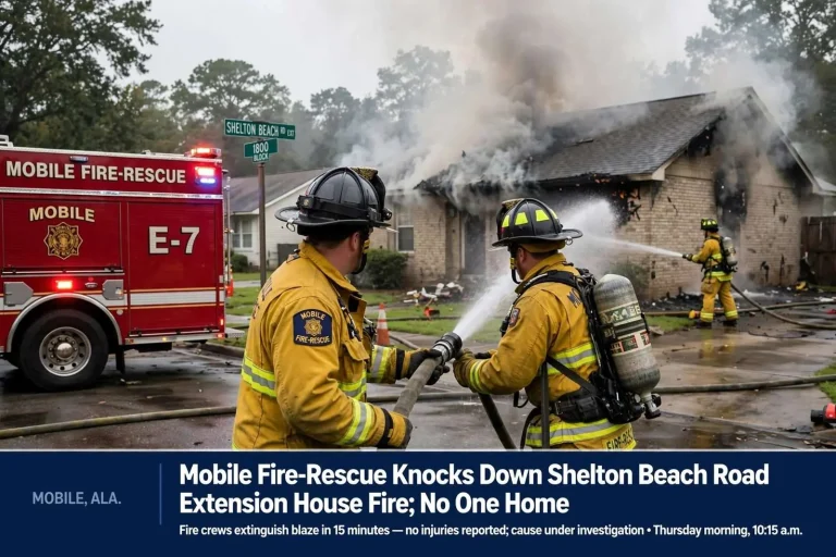 Illustration for the news story: Mobile Fire-Rescue Knocks Down Shelton Beach Road Extension House Fire; No One Home
