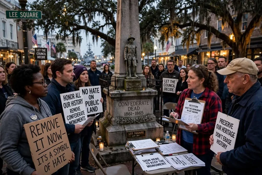 Illustration for the news story: Opposing sides debate future of Pensacola Confederate monument