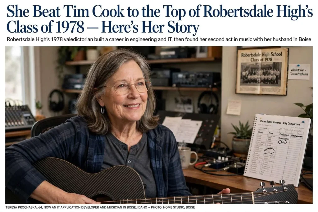 Illustration for the news story: She Beat Tim Cook to the Top of Robertsdale High’s Class of 1978 — Here’s Her Story