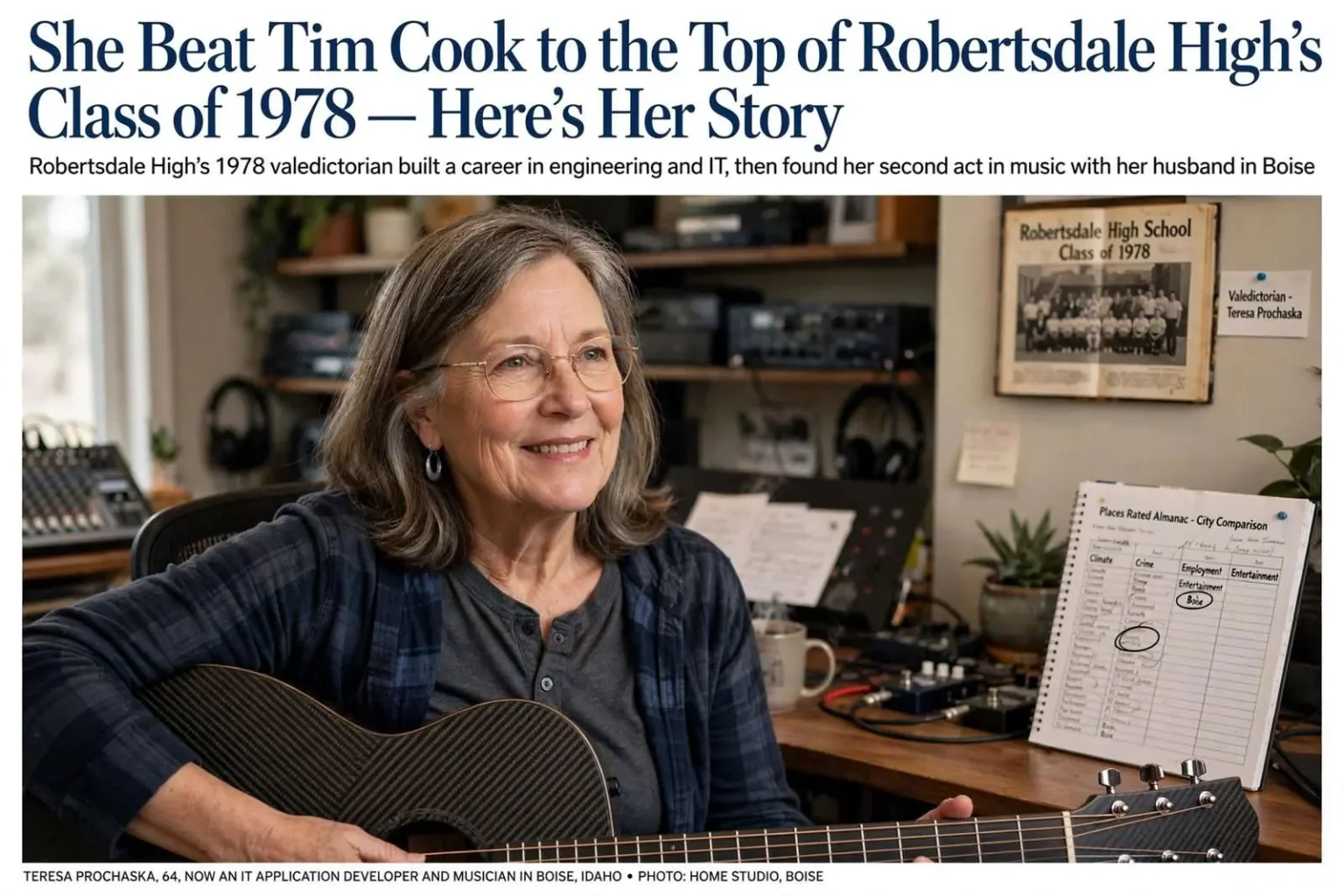 Illustration for the news story: She Beat Tim Cook to the Top of Robertsdale High’s Class of 1978 — Here’s Her Story