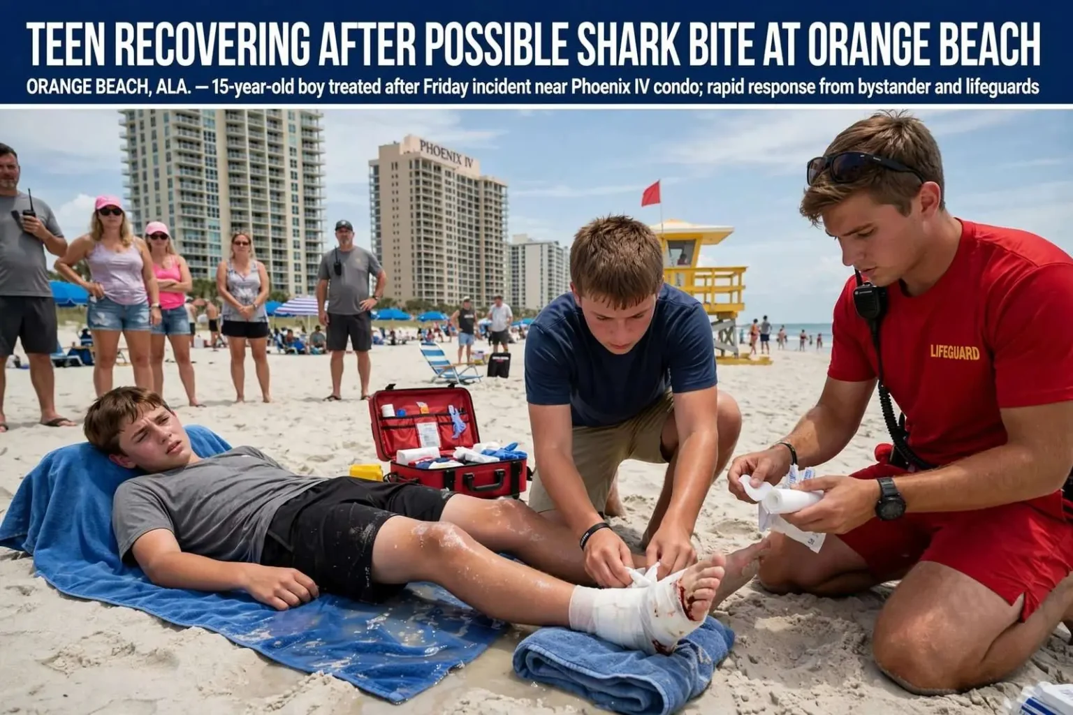 Illustration for the news story: Teen recovering after possible shark bite at Orange Beach
