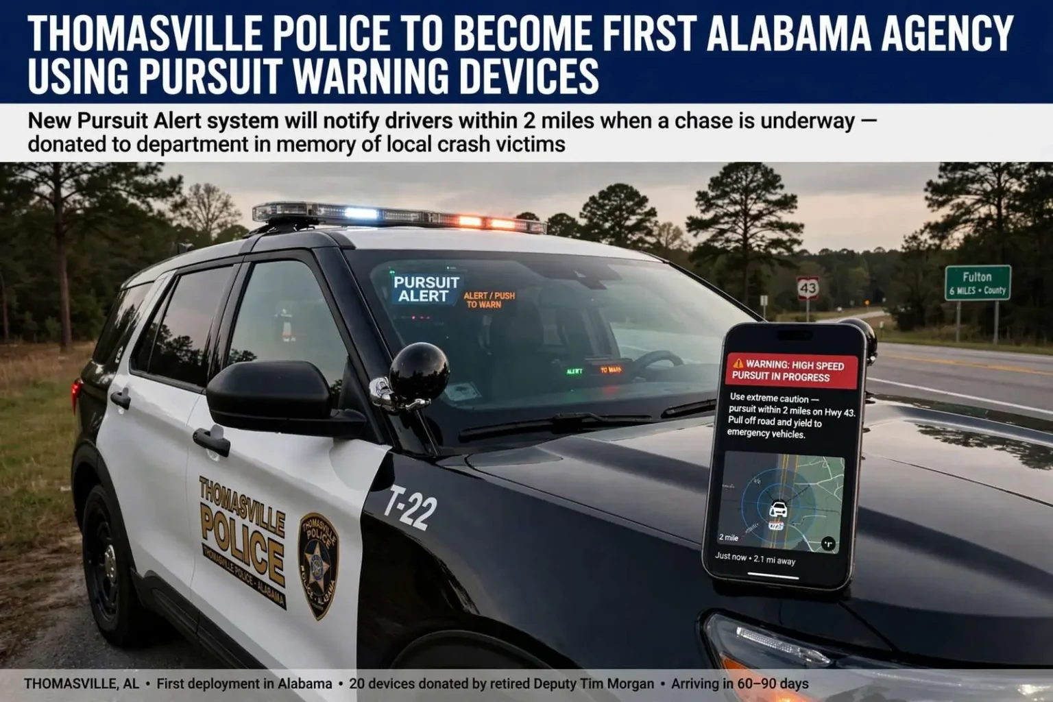 Illustration for the news story: Thomasville Police to Become First Alabama Agency Using Pursuit Warning Devices