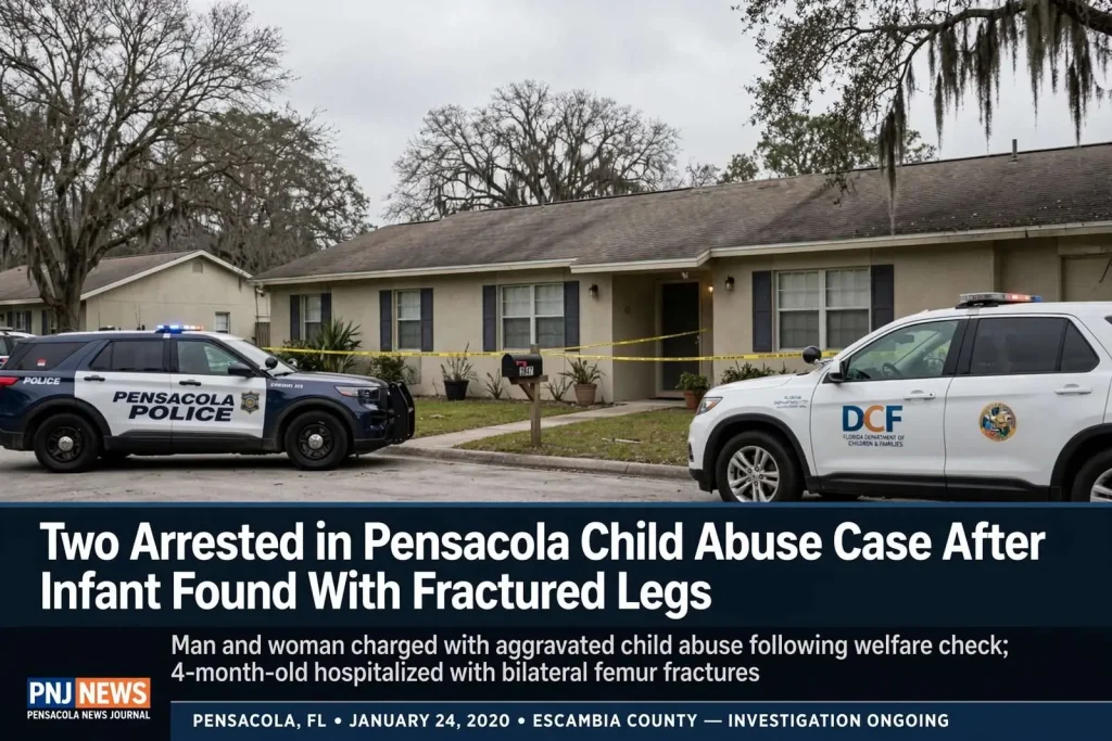 Illustration for the news story: Two Arrested in Pensacola Child Abuse Case After Infant Found With Fractured Legs