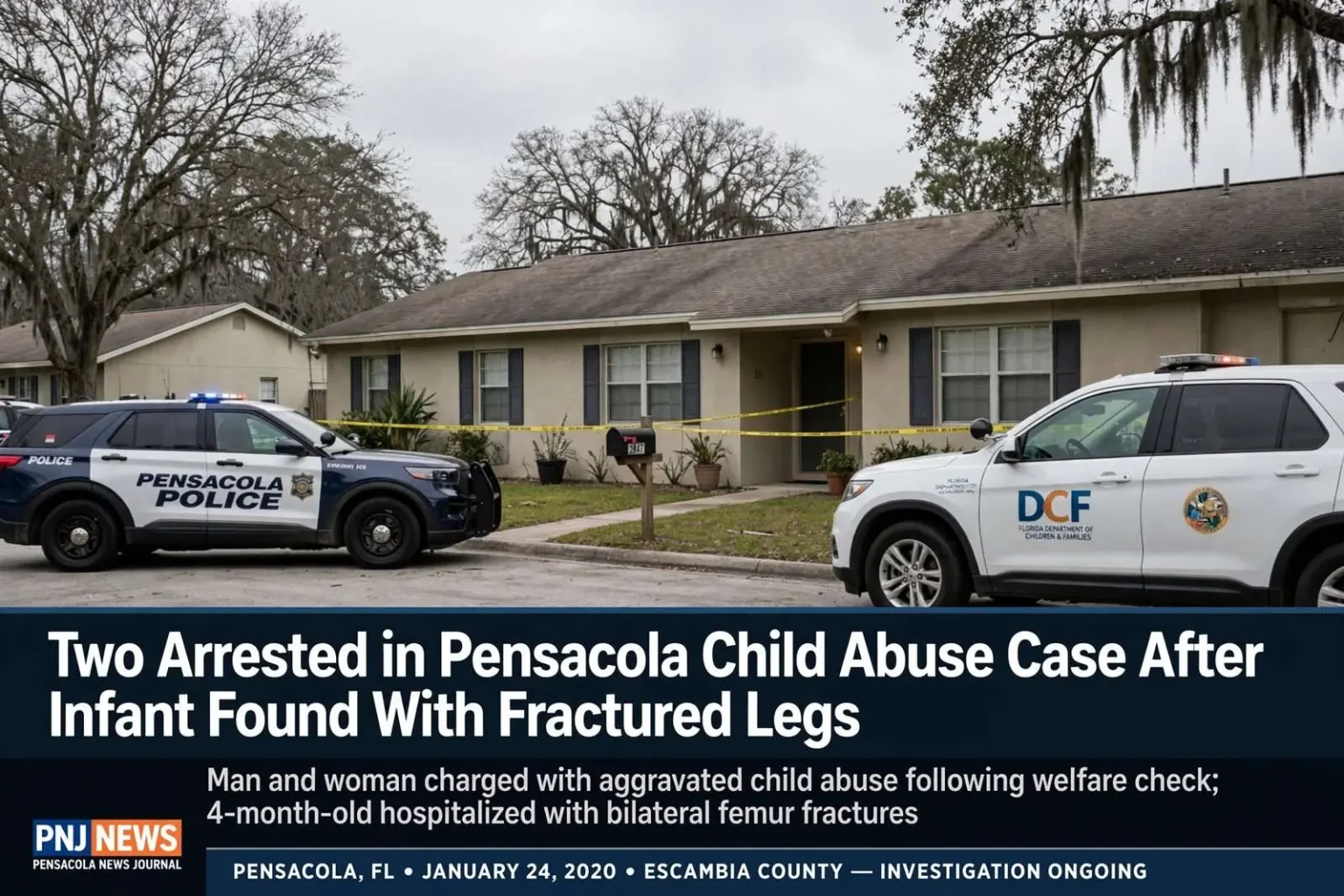 Illustration for the news story: Two Arrested in Pensacola Child Abuse Case After Infant Found With Fractured Legs
