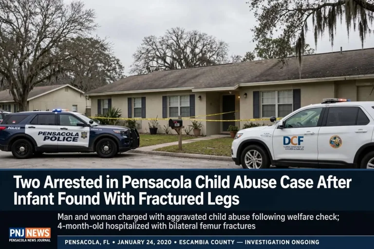 Illustration for the news story: Two Arrested in Pensacola Child Abuse Case After Infant Found With Fractured Legs