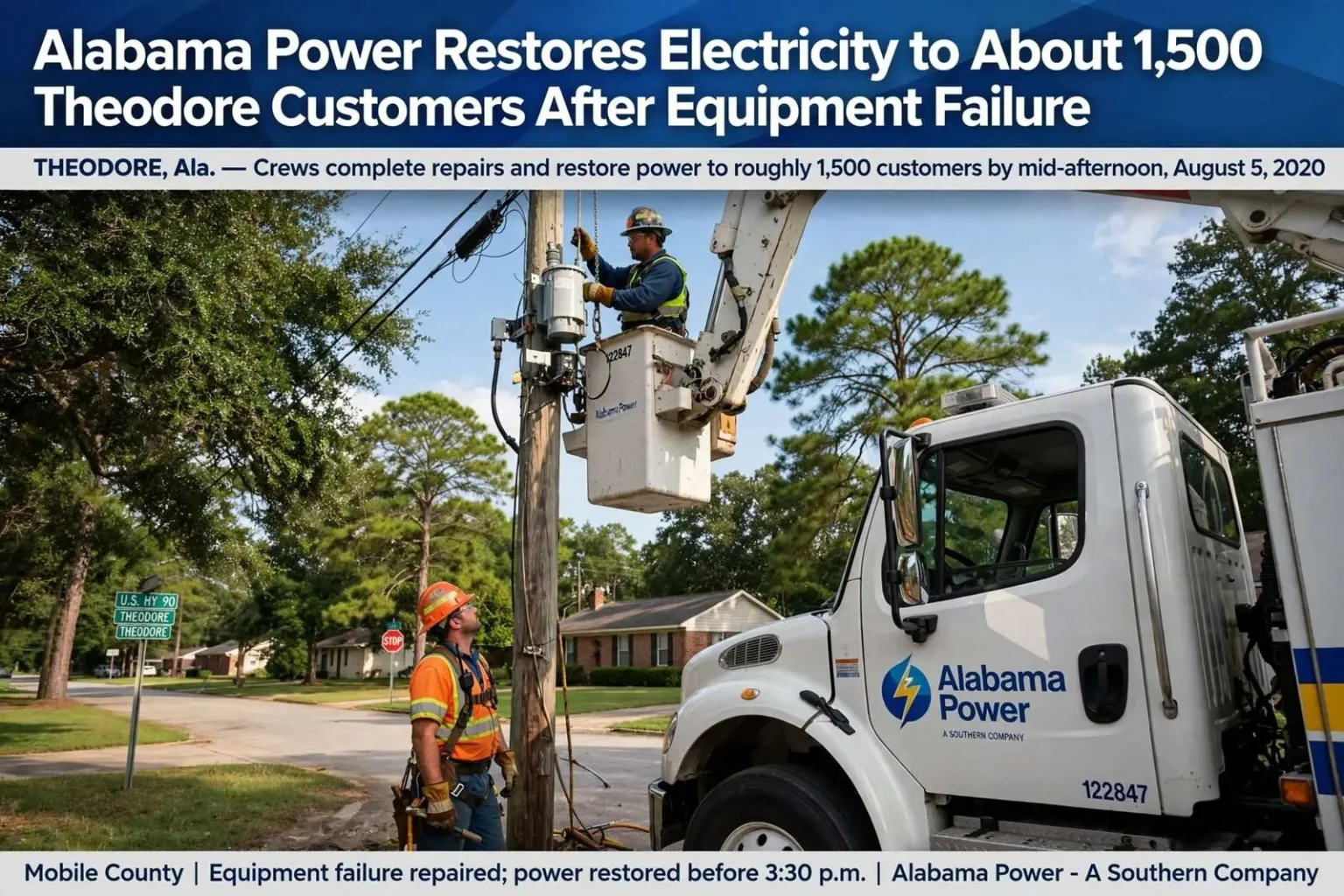 Illustration for the news story: Alabama Power Restores Electricity to About 1,500 Theodore Customers After Equipment Failure
