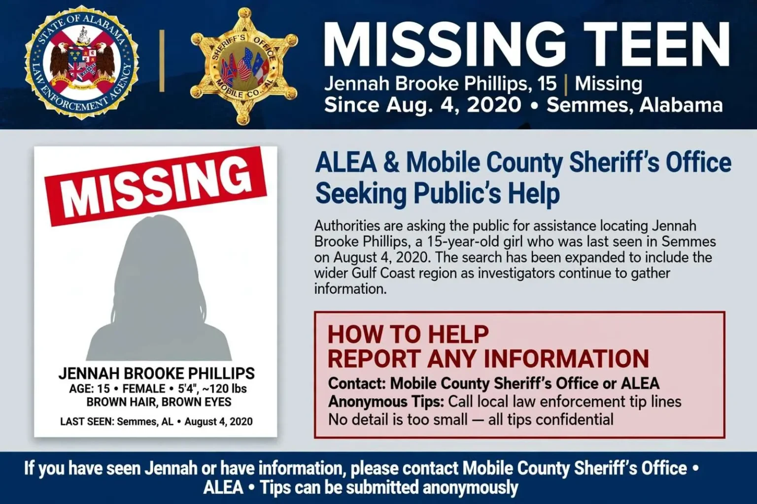 Illustration for the news story: ALEA, Mobile County Sheriff’s Office Searching for Missing Semmes Teen