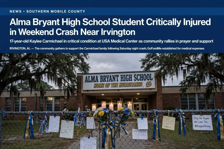 Illustration for the news story: Alma Bryant High School Student Critically Injured in Weekend Crash Near Irvington