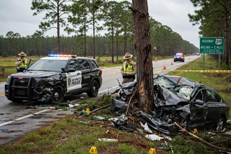 Illustration for the news story: Bay Minette police pursuit ends in fatal Florida crash after suspect rams patrol cars