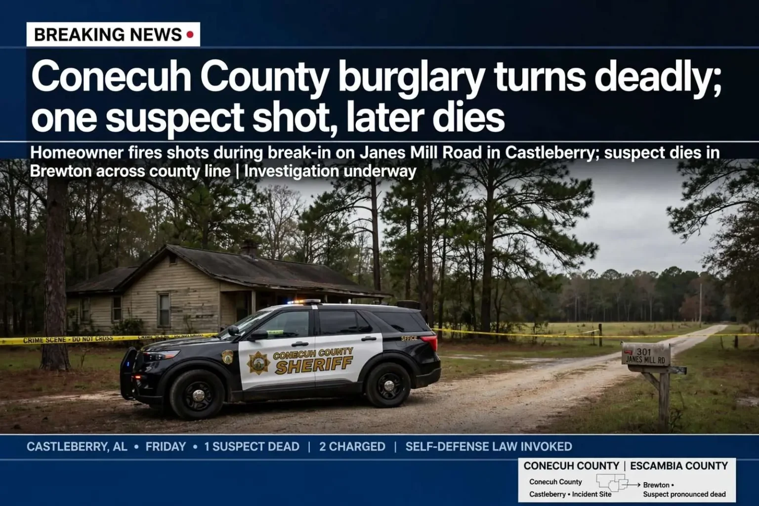 Illustration for the news story: Conecuh County burglary turns deadly; one suspect shot, later dies