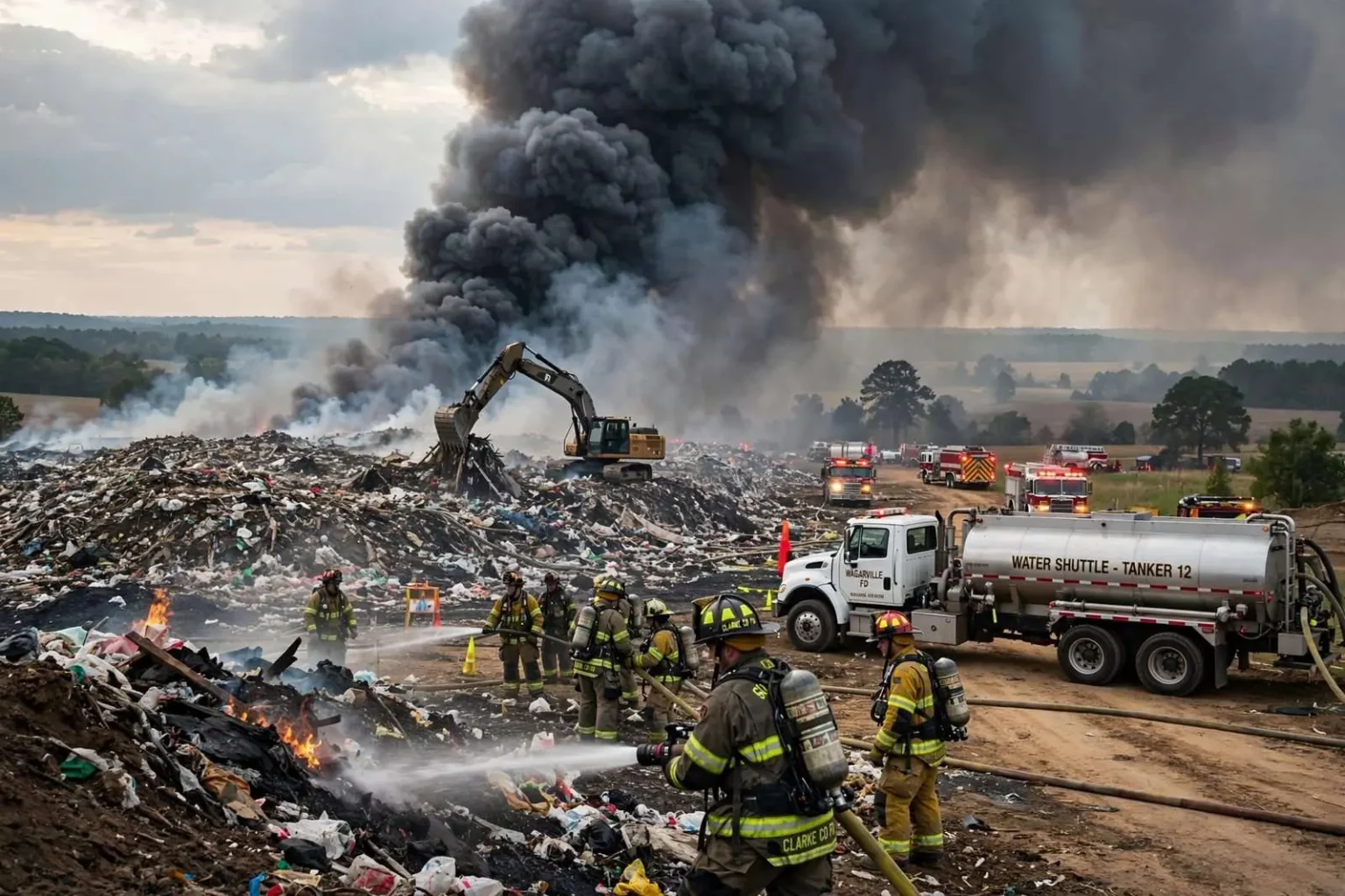 Illustration for the news story: Crews Battle Large Fire at Clarke County Landfill