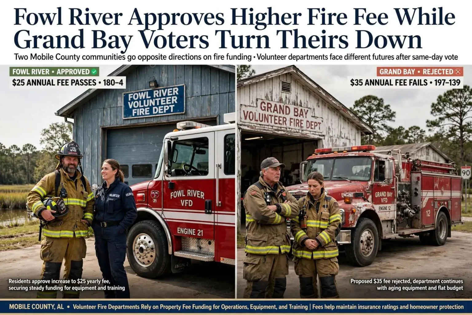Illustration for the news story: Fowl River Approves Higher Fire Fee While Grand Bay Voters Turn Theirs Down