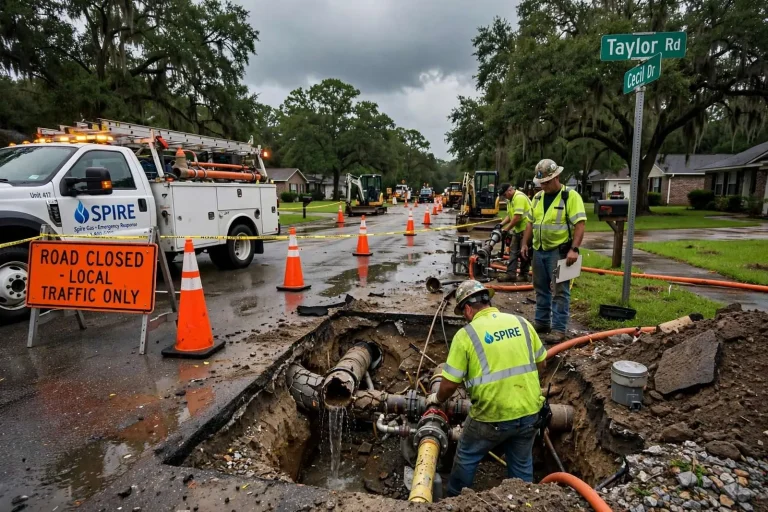 Illustration for the news story: Lightning-Struck Gas and Water Lines Force Repairs on Irvington’s Taylor Road