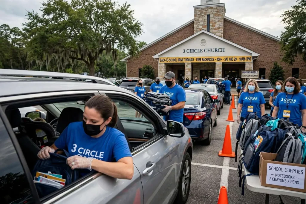Illustration for the news story: Midtown Mobile Church Turns Back-to-School Bash Into Drive-Through Giveaway of 400 Backpacks