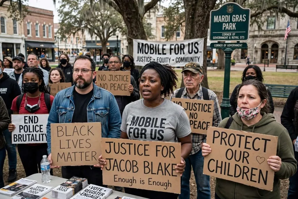 Illustration for the news story: Mobile Protesters Rally at Mardi Gras Park for Justice for Jacob Blake