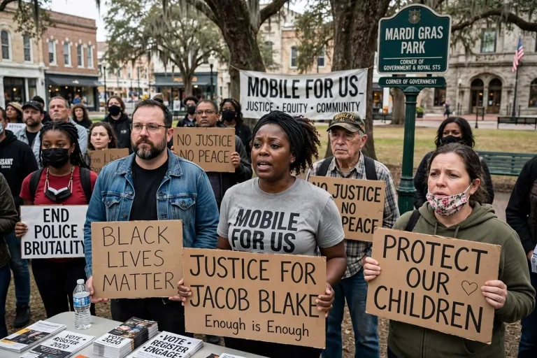 Illustration for the news story: Mobile Protesters Rally at Mardi Gras Park for Justice for Jacob Blake
