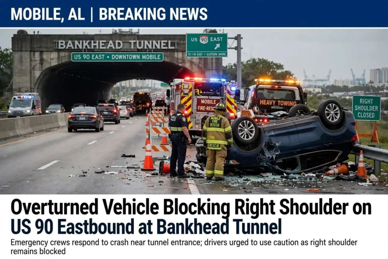 Illustration for the news story: Overturned vehicle blocking right shoulder on US 90 eastbound at Bankhead Tunnel