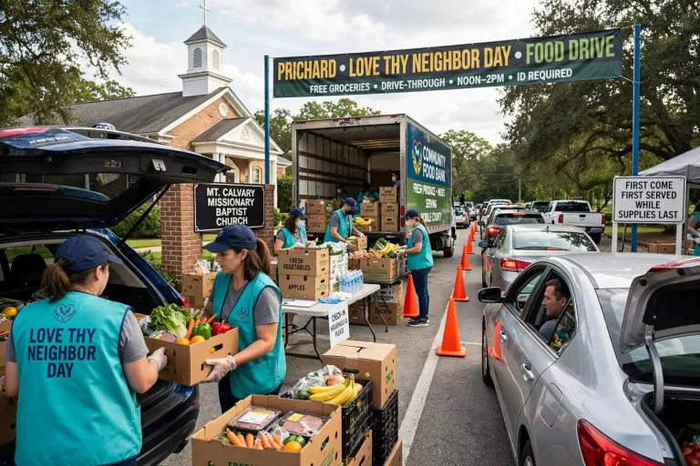 Illustration for the news story: Prichard’s ‘Love Thy Neighbor Day’ Food Drive Hands Out Groceries Drive-Through Style
