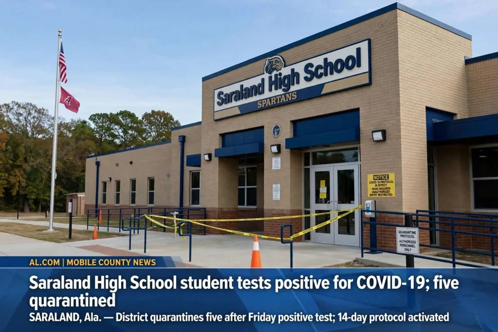 Illustration for the news story: Saraland High School student tests positive for COVID-19; five quarantined