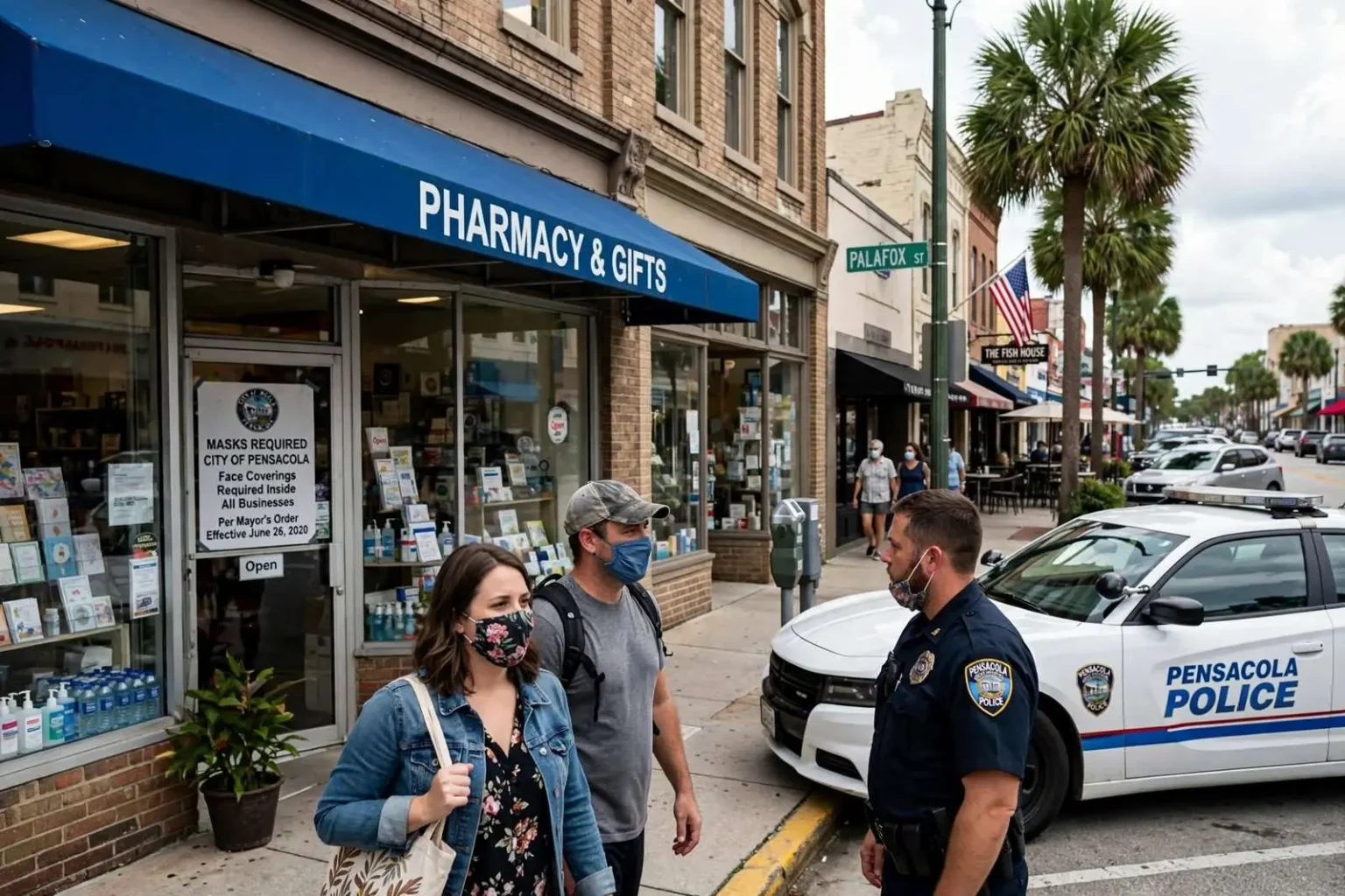 Illustration for the news story: Six Weeks Into Pensacola’s Mask Rule, Police Have Issued Two Warnings and No Citations