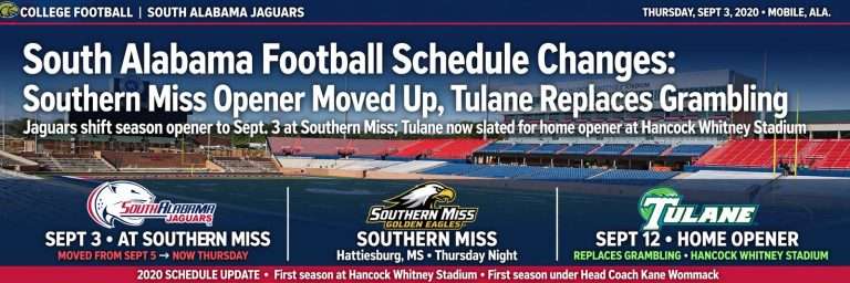 Illustration for the news story: South Alabama Football Schedule Changes: Southern Miss Opener Moved Up, Tulane Replaces Grambling
