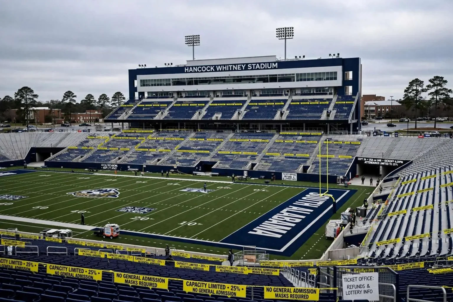 Illustration for the news story: USA could lose $2 million if pandemic cuts Hancock Whitney Stadium capacity