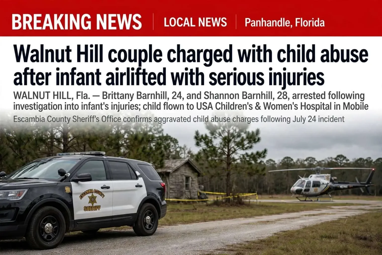 Illustration for the news story: Walnut Hill couple charged with child abuse after infant airlifted with serious injuries