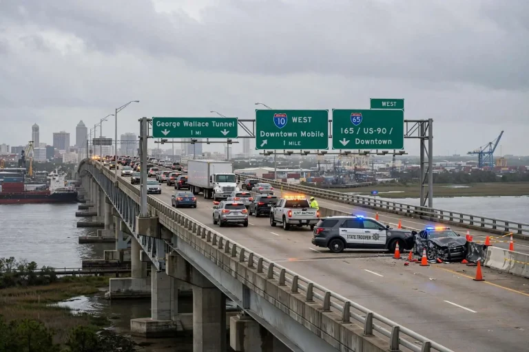Illustration for the news story: Westbound I-10 Bridge Crash Blocked the Shoulder and Slowed Traffic Into Downtown Mobile