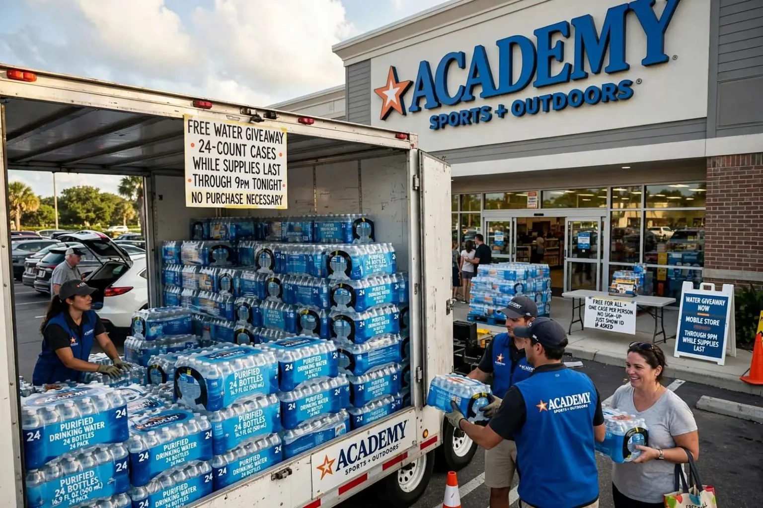 Illustration for the news story: Academy Sports and Outdoors Giving Away Bottled Water at Mobile and Foley Stores
