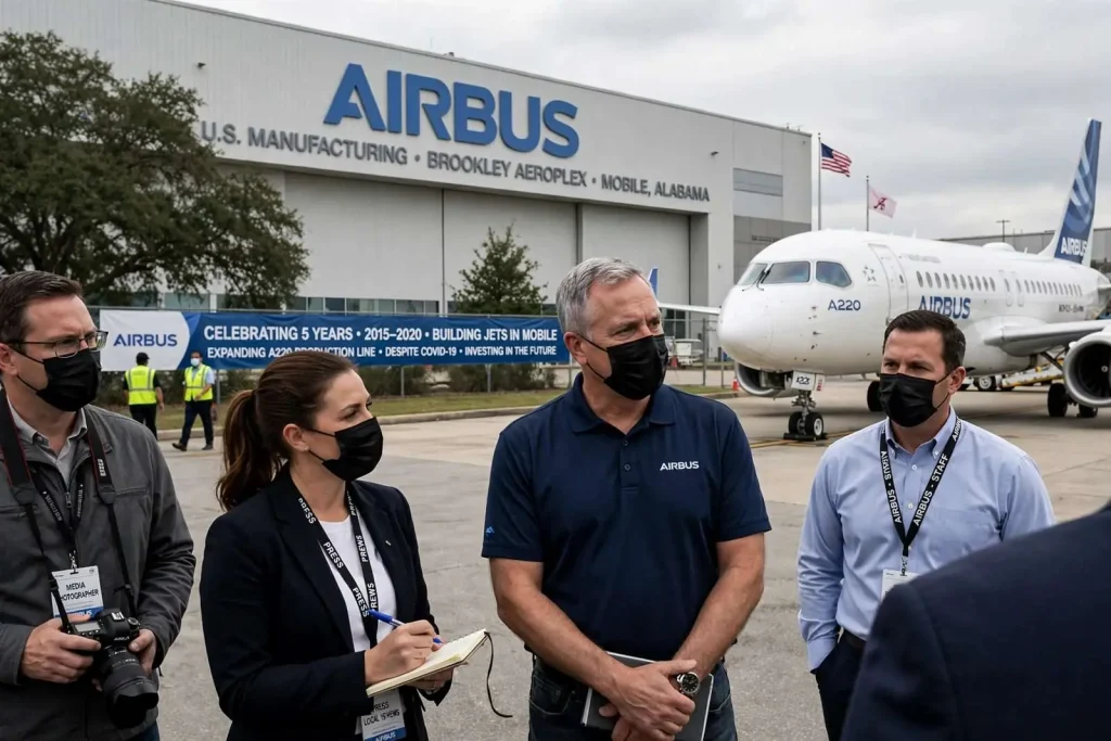Illustration for the news story: Airbus Marks Five Years of Building Jets in Mobile, Expands A220 Line Despite Pandemic