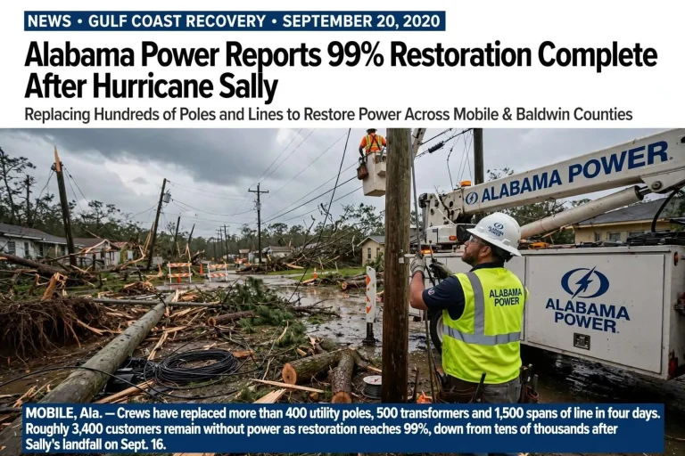 Illustration for the news story: Alabama Power Reports 99% Restoration Complete After Hurricane Sally, Replacing Hundreds of Poles and Lines