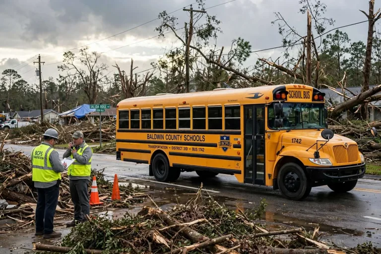 Illustration for the news story: Baldwin County Schools Clear Storm Debris, Test Bus Routes Ahead of Post-Sally Return to Class