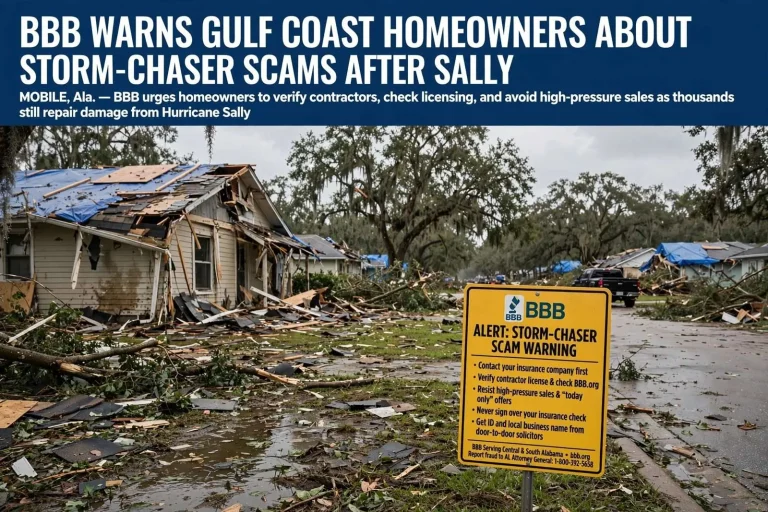 Illustration for the news story: BBB warns Gulf Coast homeowners about storm-chaser scams after Sally
