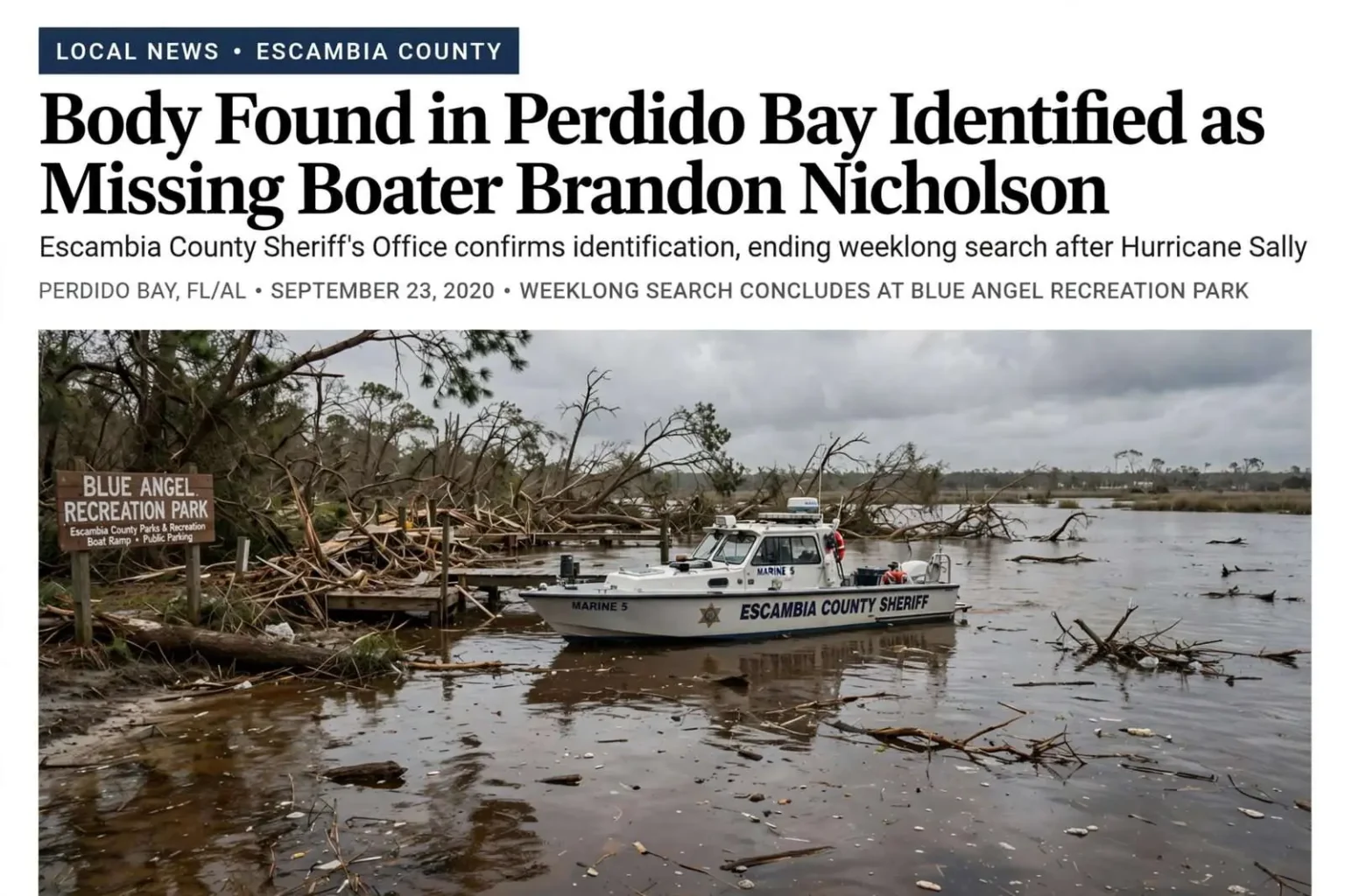 Illustration for the news story: Body Found in Perdido Bay Identified as Missing Boater Brandon Nicholson
